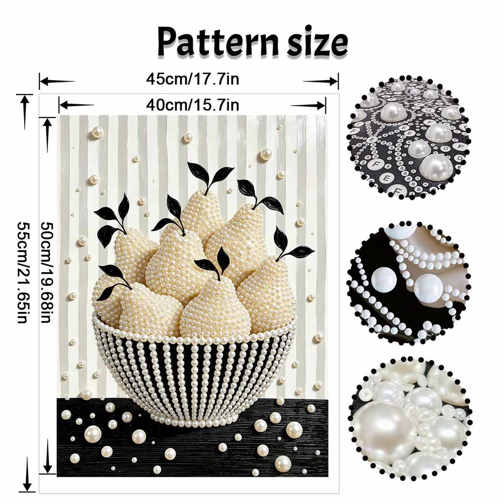 Unique 5D Framed Pearl Painting Kit with White Pear Fruit Bowl Pattern Sparkling Bead Art Canvas DIY Handmade Craft for Living Room Decor