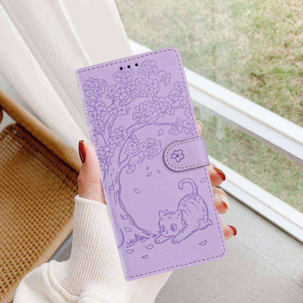 For Samsung Galaxy A37 5G Stand Case Tree-and-Cat Pattern PU Leather Wallet Protective Phone Cover with Wrist Strap