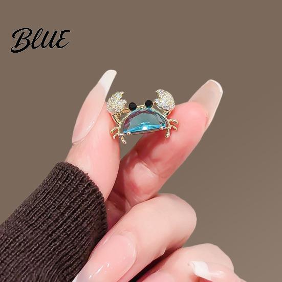 Alloy Crab Pin Women Brooch Sparkling Rhinestones Blue Shell Small