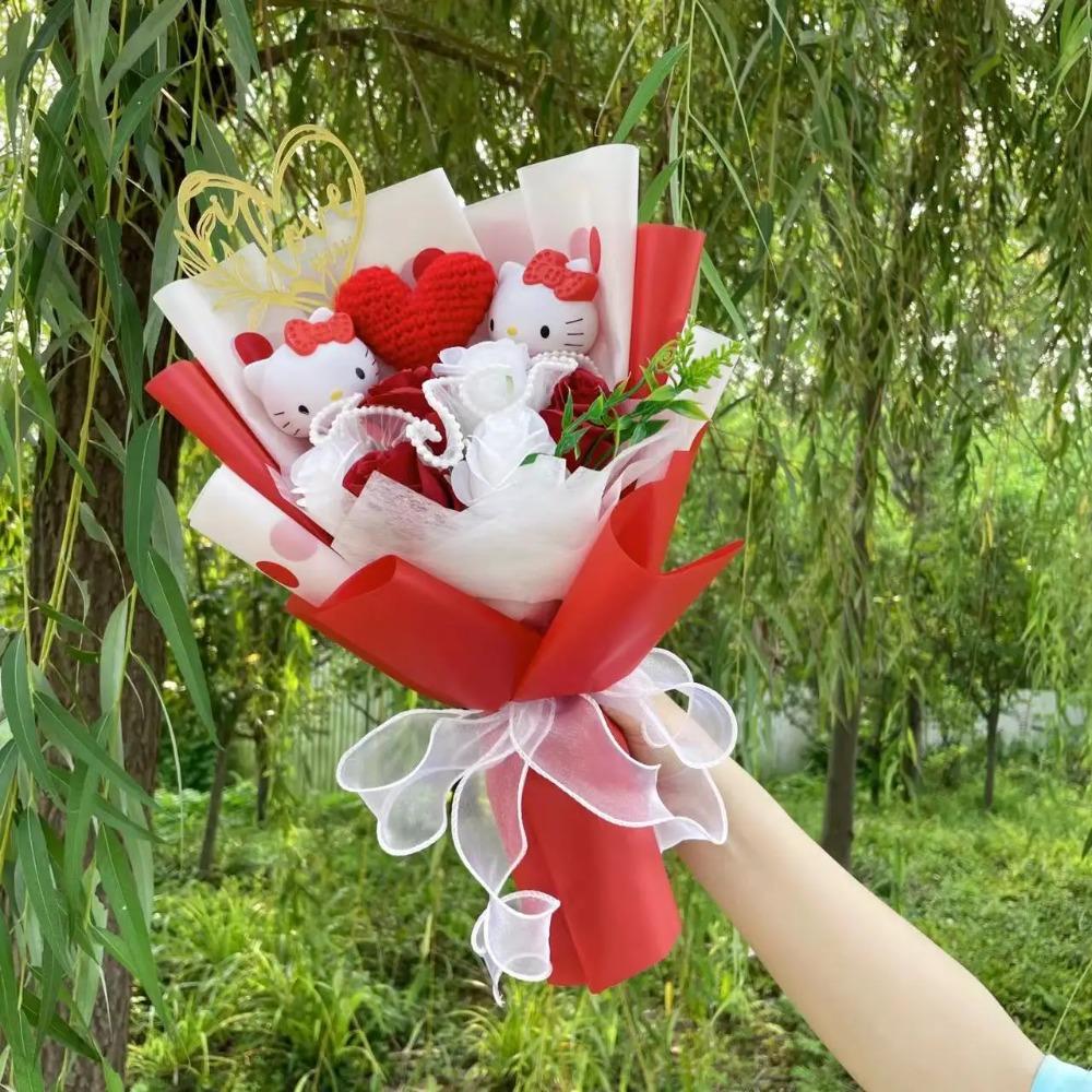 Bambole Gatto Kawaii Hello Kitty con Fiori Artificiali Bouquet Creativo Regali di Natale San Valentino Compleanno Laurea