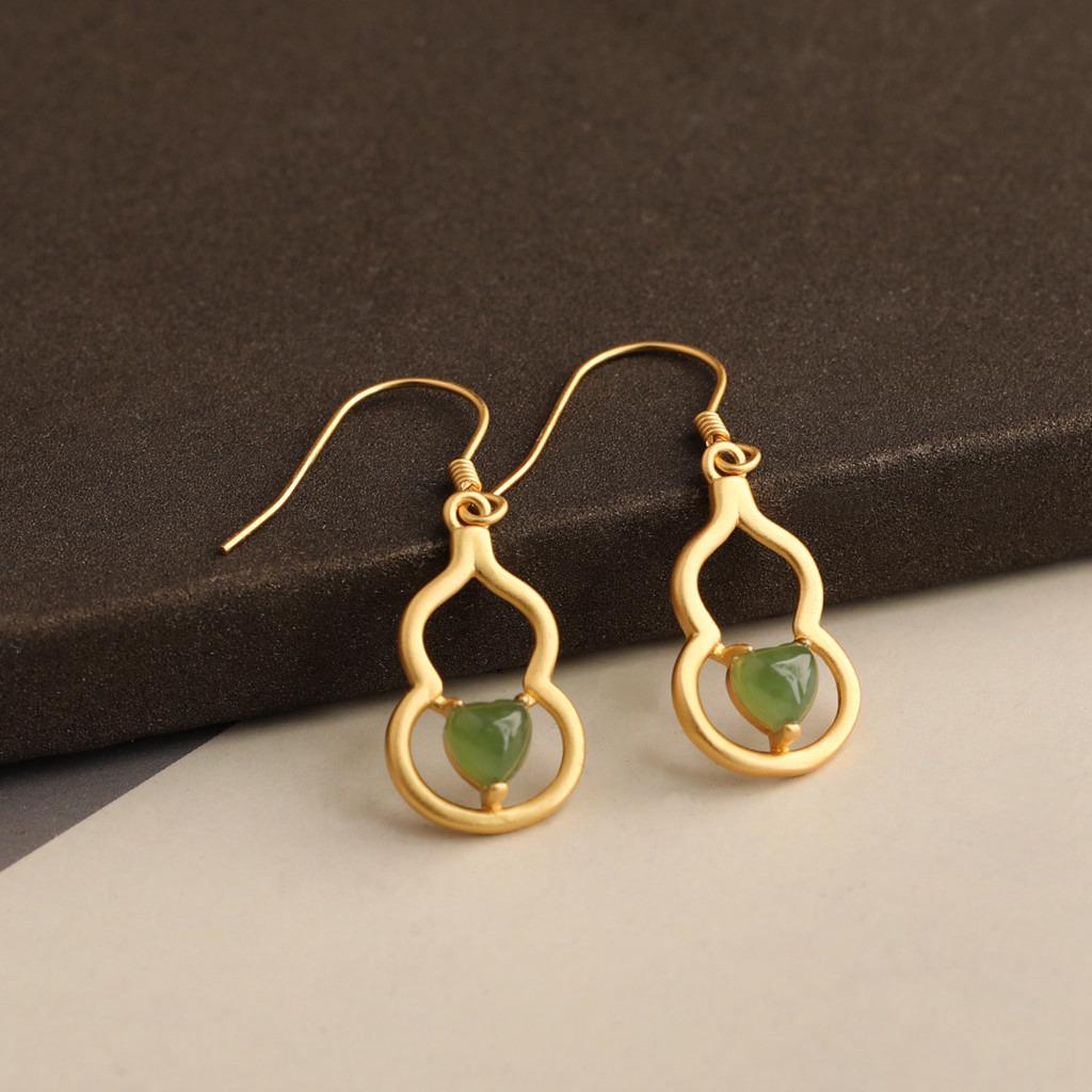 

Certified Chinese Style Cheongsam Hanfu Jade Earrings: 925 Silver Gold-Plated Gourd with Inlaid Jasper for Women 925 Silver