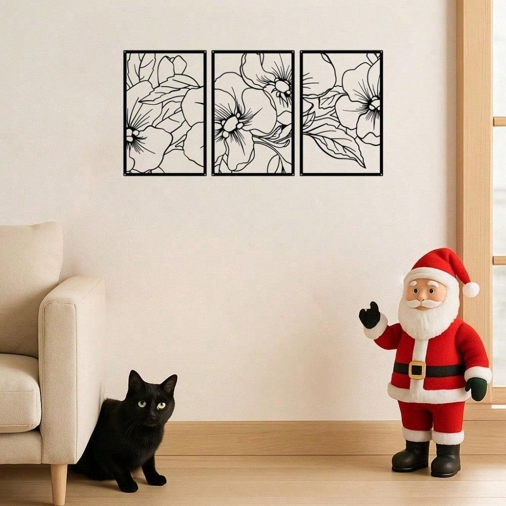3 PCS Black Metal Wall Art Set - Christmas Plant Decor, Modern Home Accents, Elegant Gift for Birthday