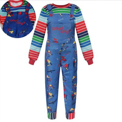 Erwachsenes Chucky Cosplay Kostüm mit gestreiftem Hemd und Overall für Chucky Overalls Halloween Kostüme