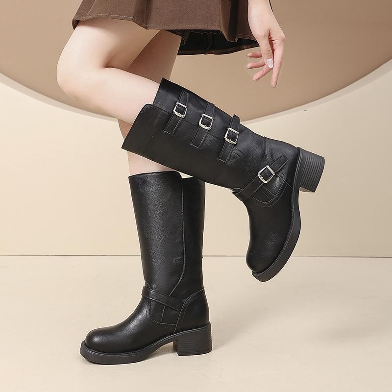 Bottes mi-mollet à bout rond automne et hiver nouvelles à talons épais style britannique tempérament polyvalent bottes de mode pour femmes