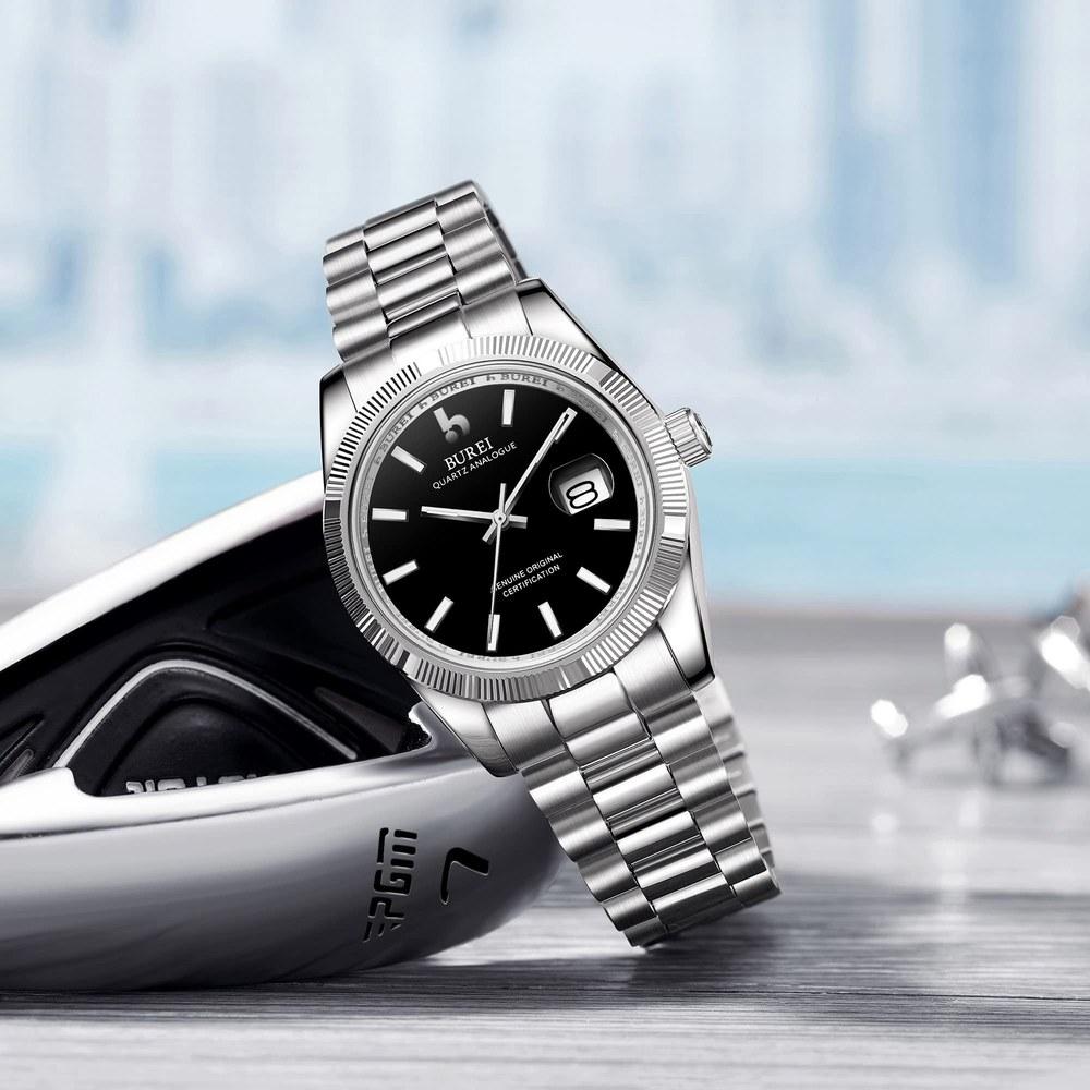 BUREI Men's Analog Quartz Watch Business Waterproof Luminous Simple Black Silver Gift
