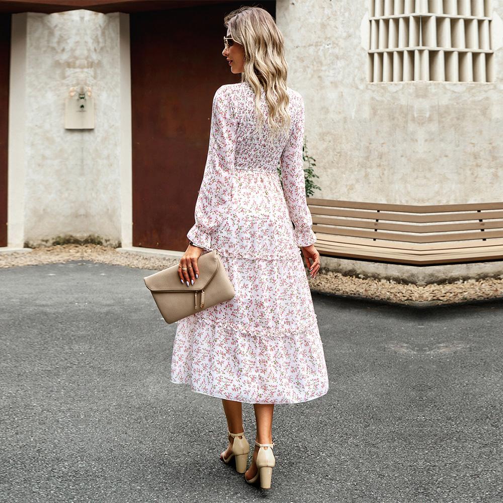 Dámské podzimní elegantní dlouhé potištěné šaty s lucernou s rukávem a vysokým pasem