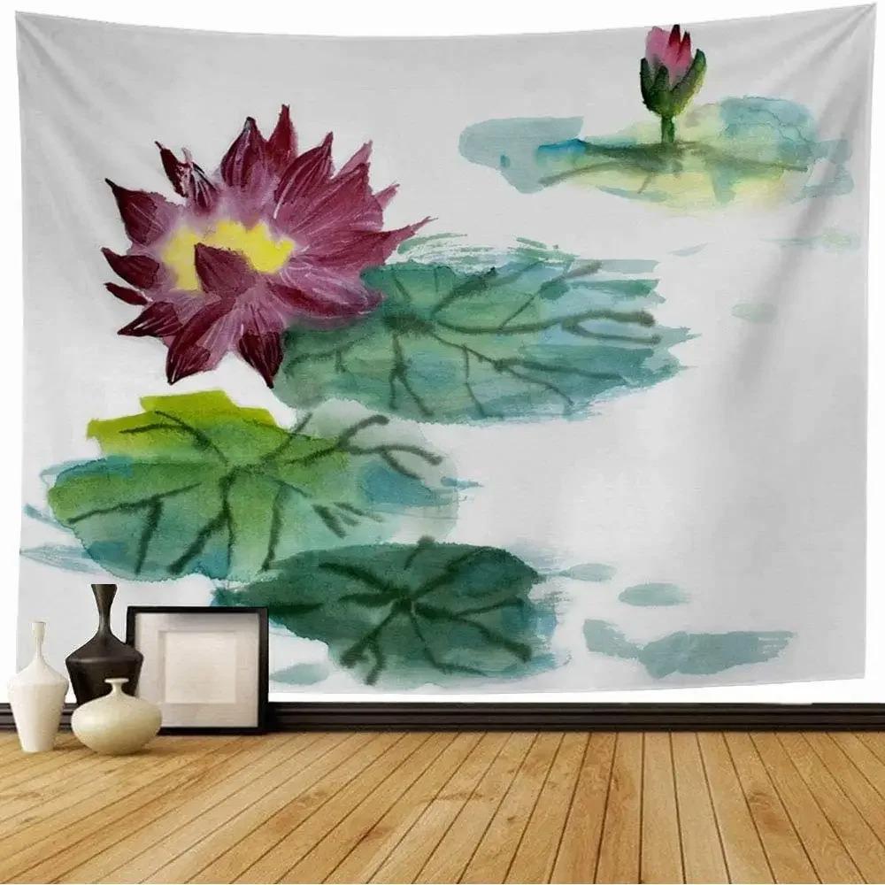 Watercolor Floral Lotus Tapestry Office Living Room Decoration Home Wall Tapestry