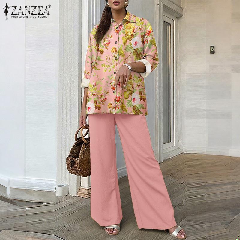 ZANZEA Women Long Sleeve Floral Blouse and Pants Casual Two Piece Suit Sets