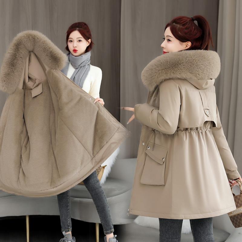 Winter Girl Medium and Long Pie Overcomes the New Big Fur Collar Padded Jacket, Hooded Warm Padded Jacket Thick