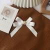 Off-White Cotton Pearl Bow Brooch: Cute Japanese Korean Style Ribbon Lapel Pin Corsage.