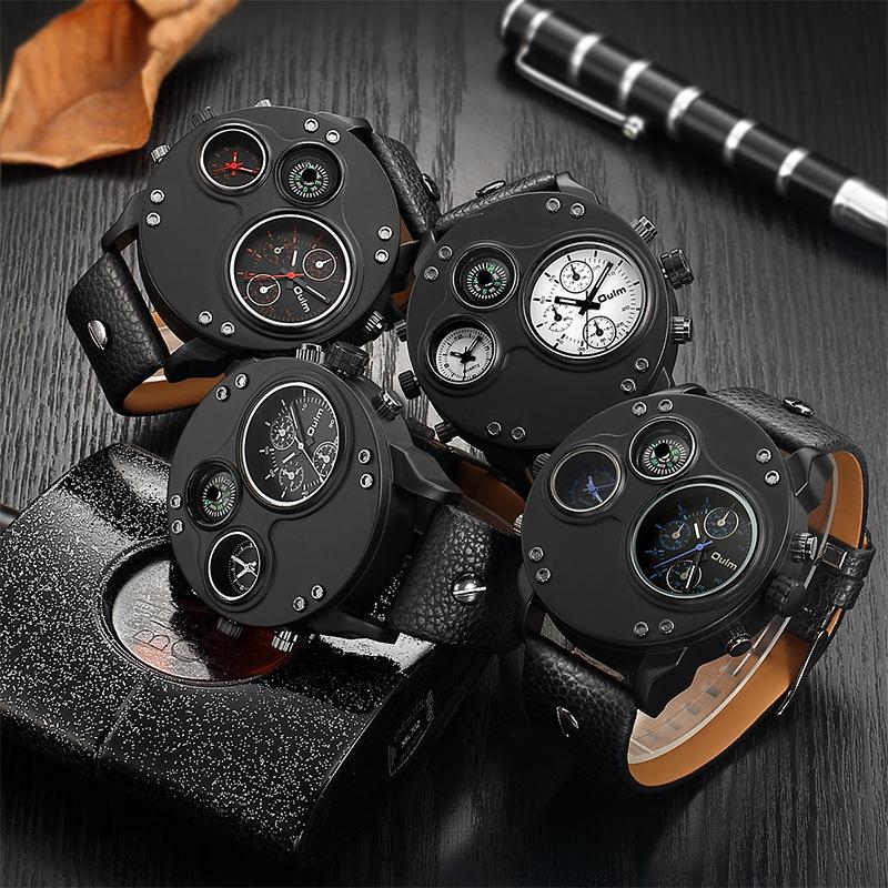 Oulm Quartz Watch Compass Men'S Watch, Watch Dual Time Zone Men'S Watch Large Dial