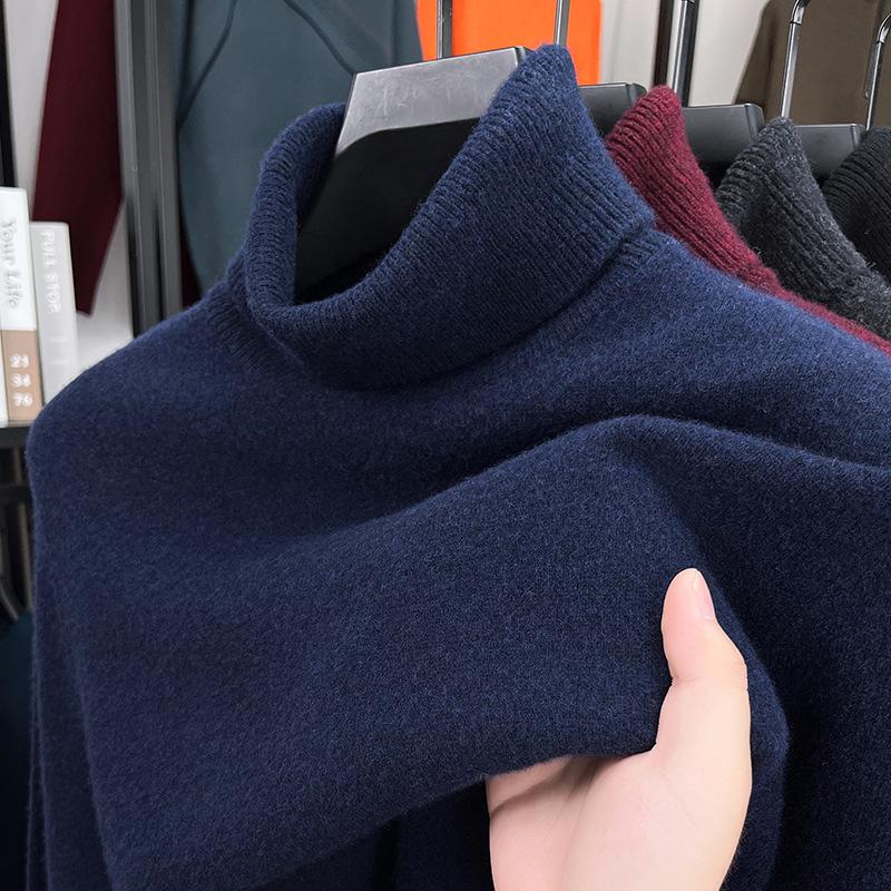 2025 Autumn/Winter Men's High Neck Lambswool Sweater, 100% Wool, Versatile Loose Pullover Base Layer