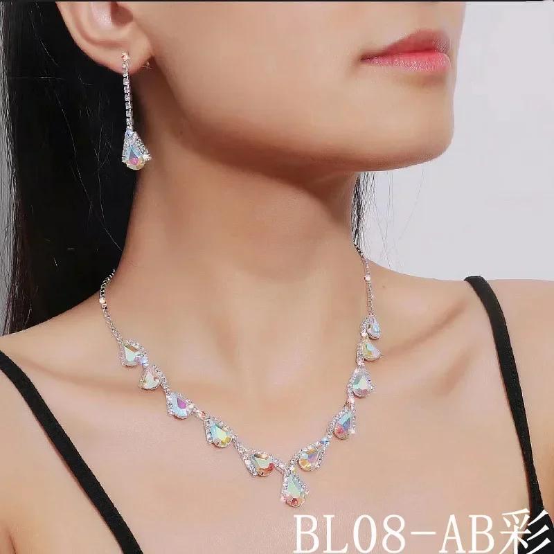 Blue Water Drop Rhinestones Necklace For Women  Inlaid Zircon Pendant Fashion Jewelry Accessory