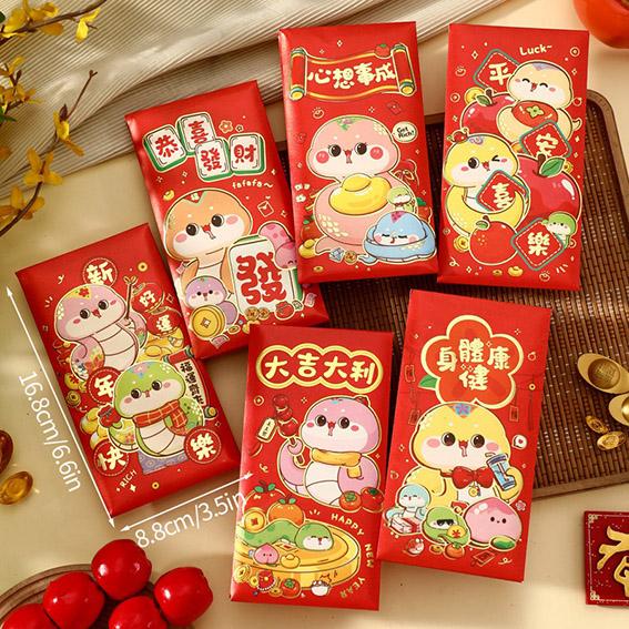 6pcs Chinese New Year Red Envelopes Cartoon Cute Snake Hongbao Spring Festival Red Packets Wedding Envelope Snake Money Packets