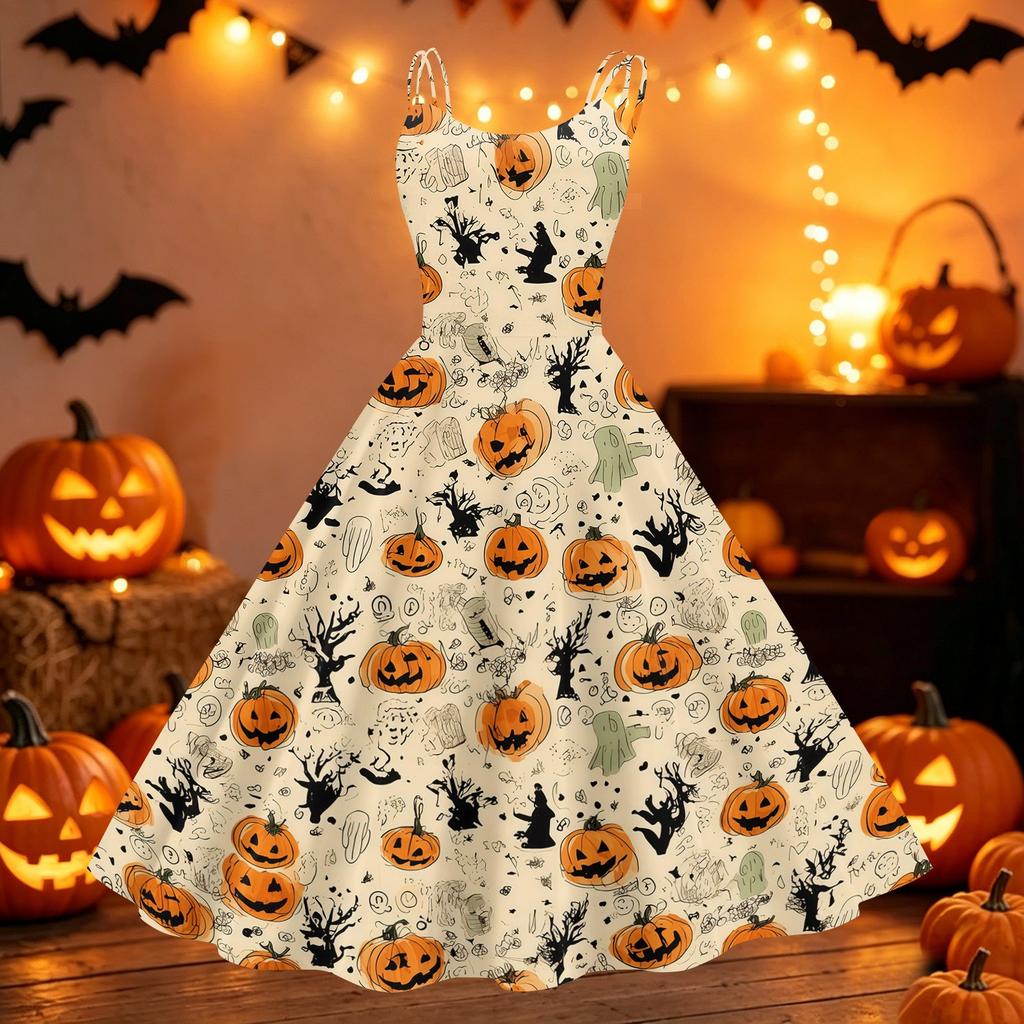 Women's Halloween Print Off Shoulder Dress Vintage Punk Style A Line Midi Dress with Flared Skirt and Adjustable Straps for Party