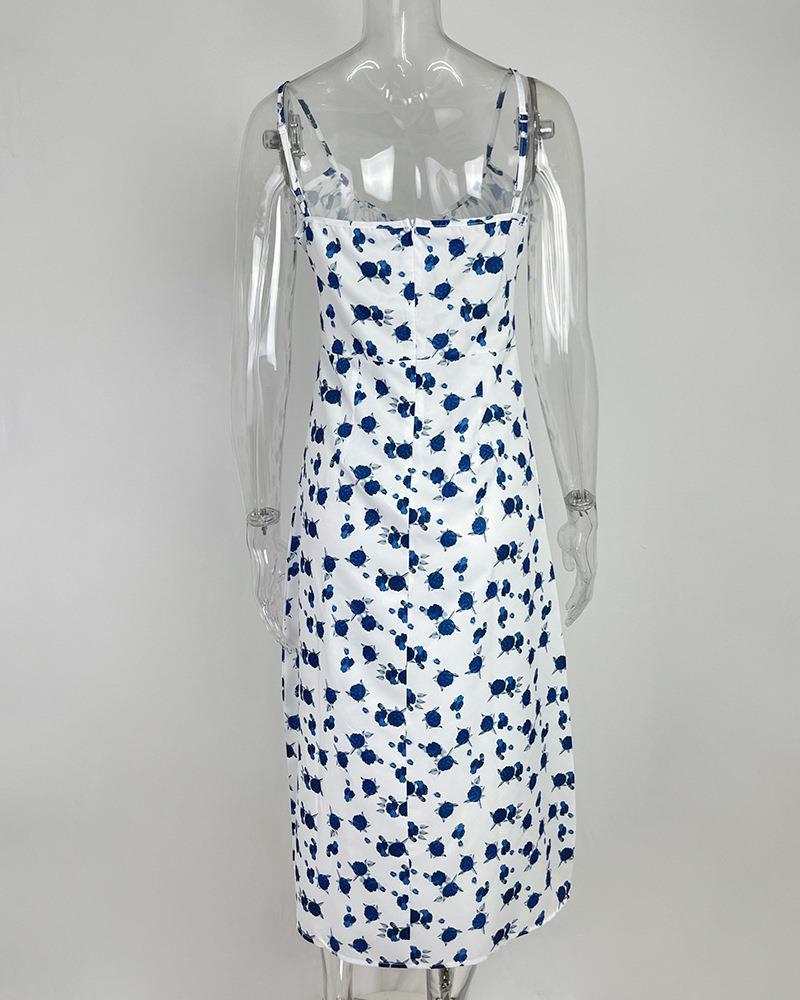 European & American Summer Floral Print Ruched Tie-Up Slit Camisole Dress