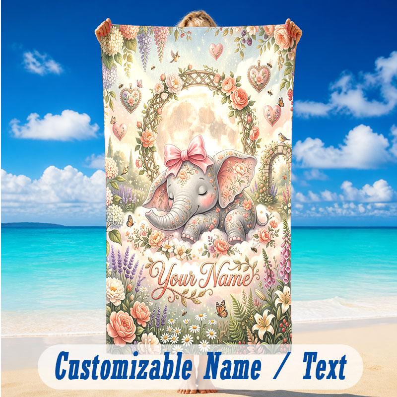 Elephant Theme Beach Towel Personalized Custom Name & Text Soft Quick Dry Beach Towel for Swimming Travel