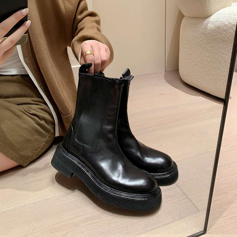 Krazing Pot Cow Leather Autumn Winter Shoes Round Toe Med Heels Slip On Concise Style Women Ankle Boots