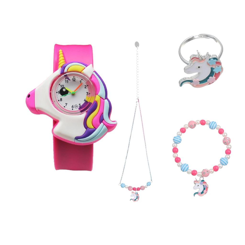 1 peça/2 peças/1 conjunto - Relógio de unicórnio de desenho animado fofo, colar combinando, pulseira, anel adequado para presentes de festa, presentes de aniversário