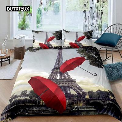Copripiumino Parigi Vintage Torre Eiffel Ombrello Rosso Set Letto Parigi Microfibra Matrimoniale Queen King Copripiumino