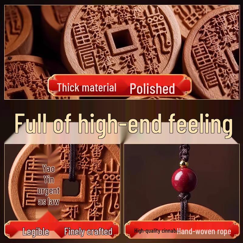 Natural Lightning-Struck Peach Wood Ghost Coin Pendant Necklace with Bagua Charm for Safety
