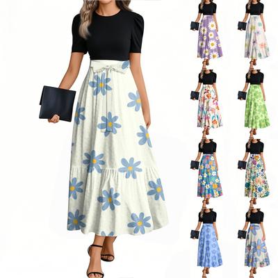 Women's Fashion Casual Belt Short Sleeve Round Neck Floral Stitching Elegant Temperament Dress