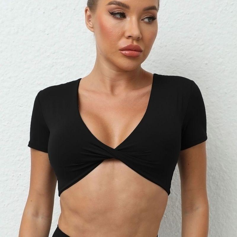 

Clothing for Women, European and American Style, Twist Design, Removable Chest Pads, Cross-Back Sports Top, Outerwear Yoga Short-Sleeve T-Shirt Black S