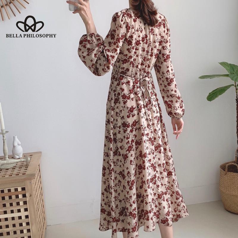 Ženy Podzim Jaro Modré Květinové Dlouhé šaty s výstřihem do V Dlouhé šaty Neformální Elegantní Šaty s potiskem Florla