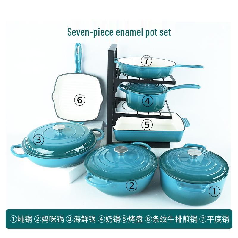 Seven-Piece Cast Iron Enamel Cookware Set: Includes Frying Pan, Flat-Bottom Pot, Stew Pot, Seafood Pot, and Mommy Pot