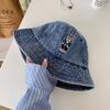 Bear Embroidered Denim Bucket Cap Korean Sun Protection Hat Vintage Denim Fishing Cap  Streetwear