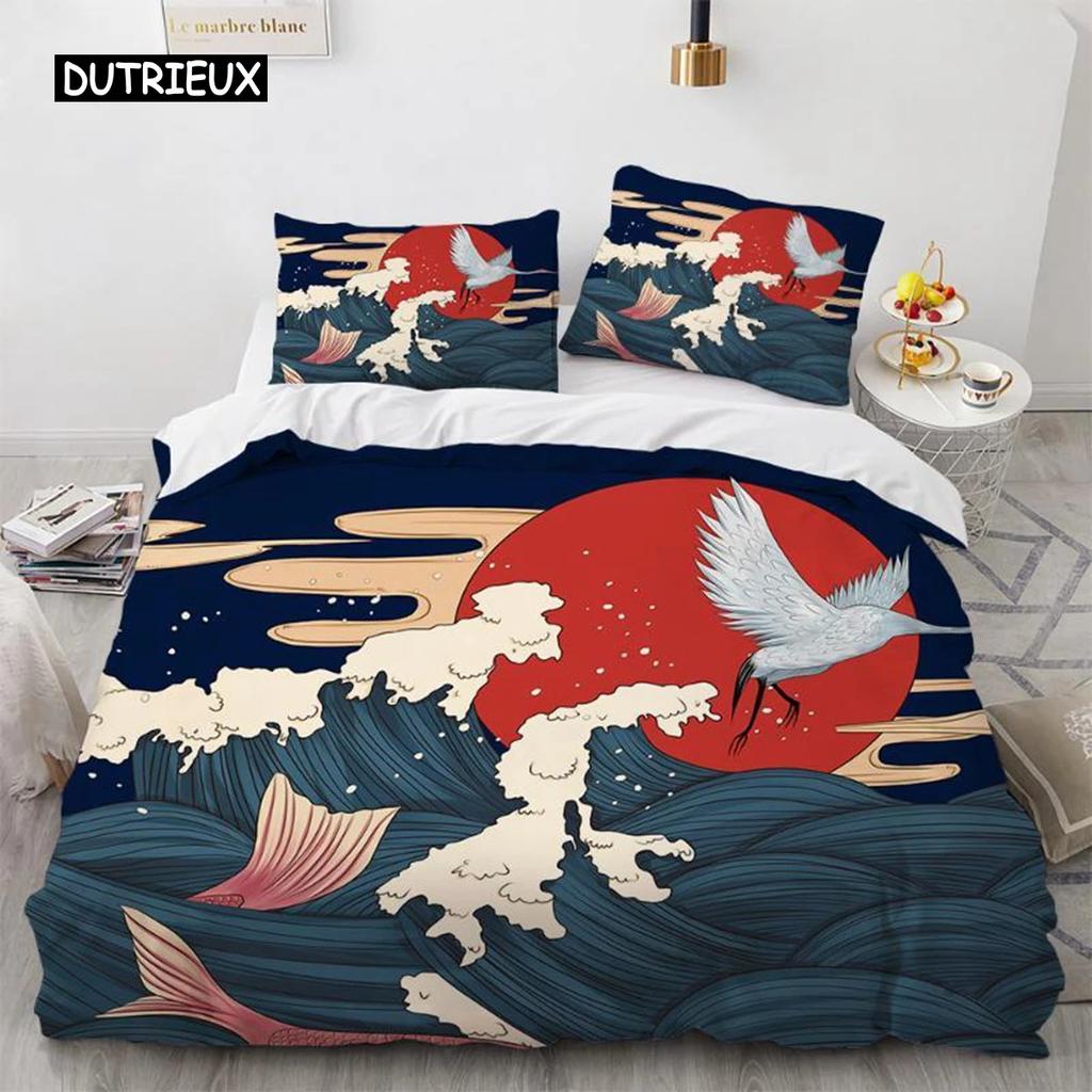 Wave Duvet Cover Set Hokusai Pattern Japanese Ukiyoe Quilt Cover Oriental Sketch Style Ocean Queen Twin Polyester Bedding Set