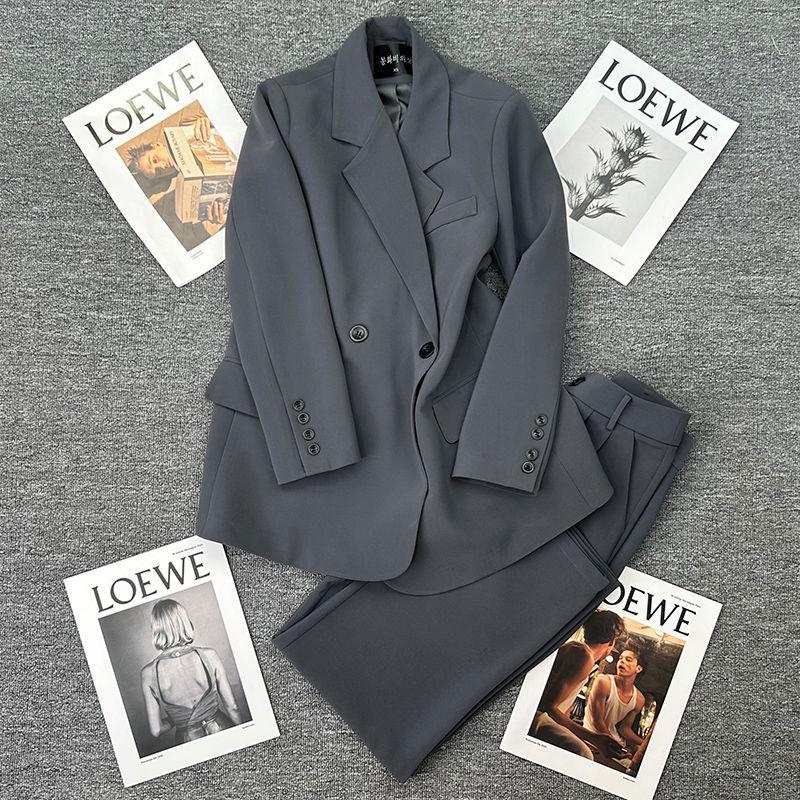 Women's Petite Gray Loose Two-Piece Suit Jacket Set - Early Spring 2025 Casual Blazer