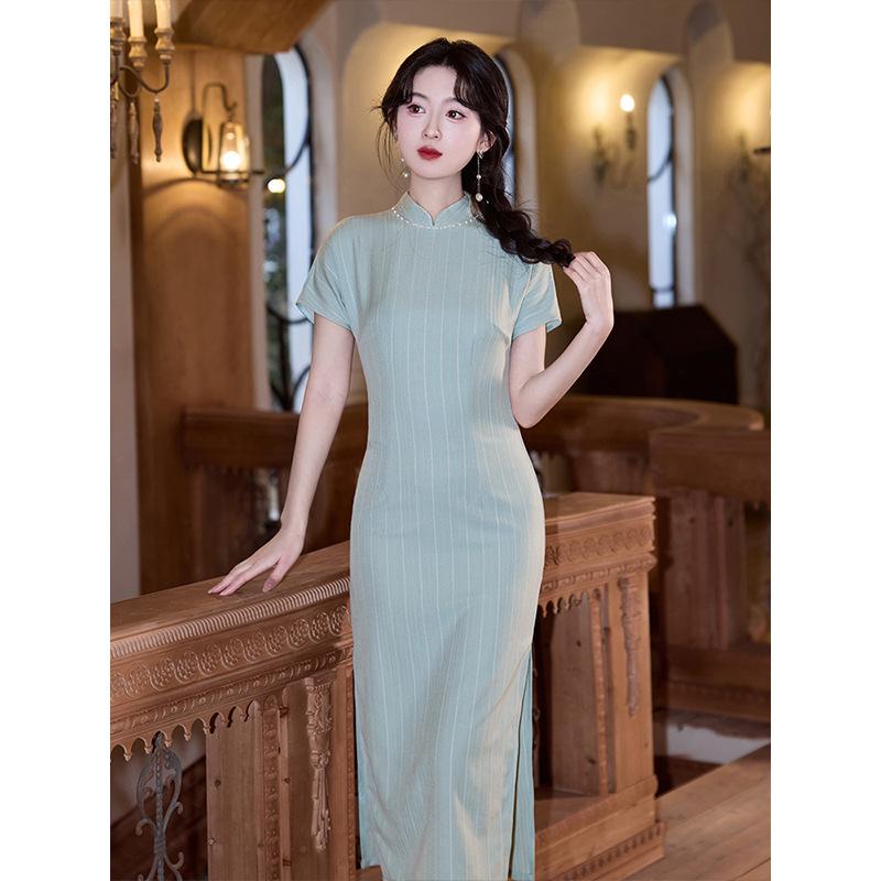 Turquoise improved cheongsam young girl 1011 new simple and elegant literary temperament high-end dress