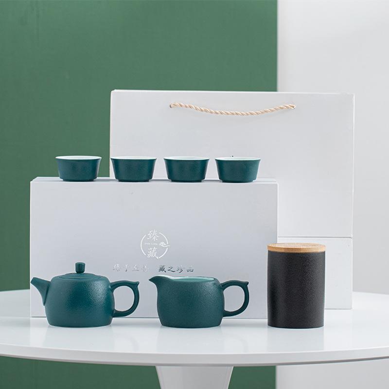

Чайный набор Кунг-фу из черной керамики в подарочной коробке: один чайник, четыре чашки, банка для чая, бизнес-подарки зелёный