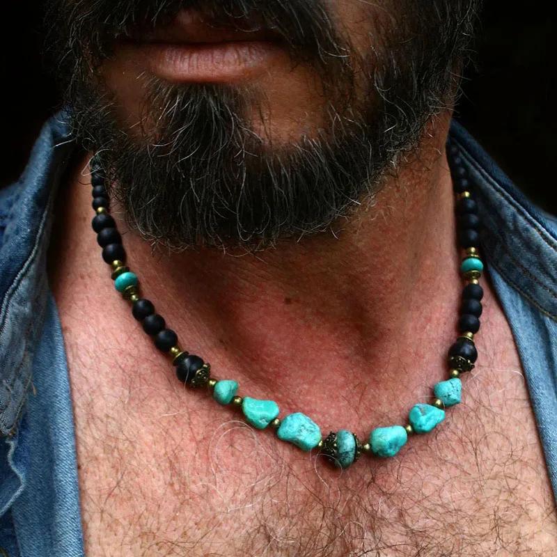Men'S Turquoise Volcanic Stone Necklace New Bohemian Ethnic Style Unique Niche Hip-Hop Necklace