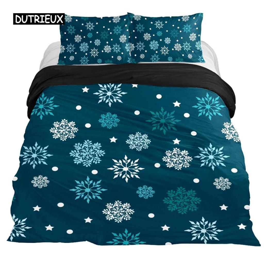 Snowflake Duvet Cover Set Winter Theme Christmas Illustration Cold Weather Season Twin Bedding Set King Size Soft Quilt Cover
