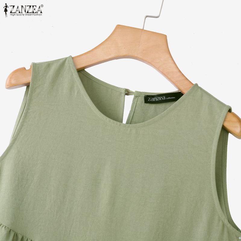 ZANZEA Women Casual Round Neck Solid Color Sleeveless Long Dress