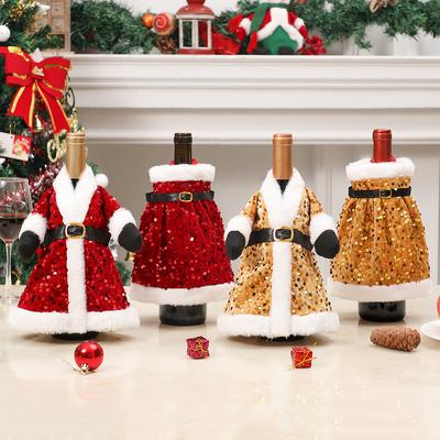 Kerst Pailletten Wijnfleshoes, Glanzende Jurk Rok voor Rode Champagne Flessen Feestdecoratie