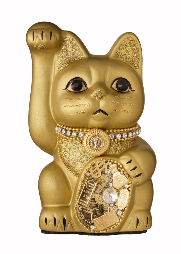 Lucky Cat Millionaire Cat (M-SIZE Gold) Right Paw Raised / Ceramic _ Lucky Cat Maneki-neko Auspicious Feng Shui Ornament (ml_M Gold)
