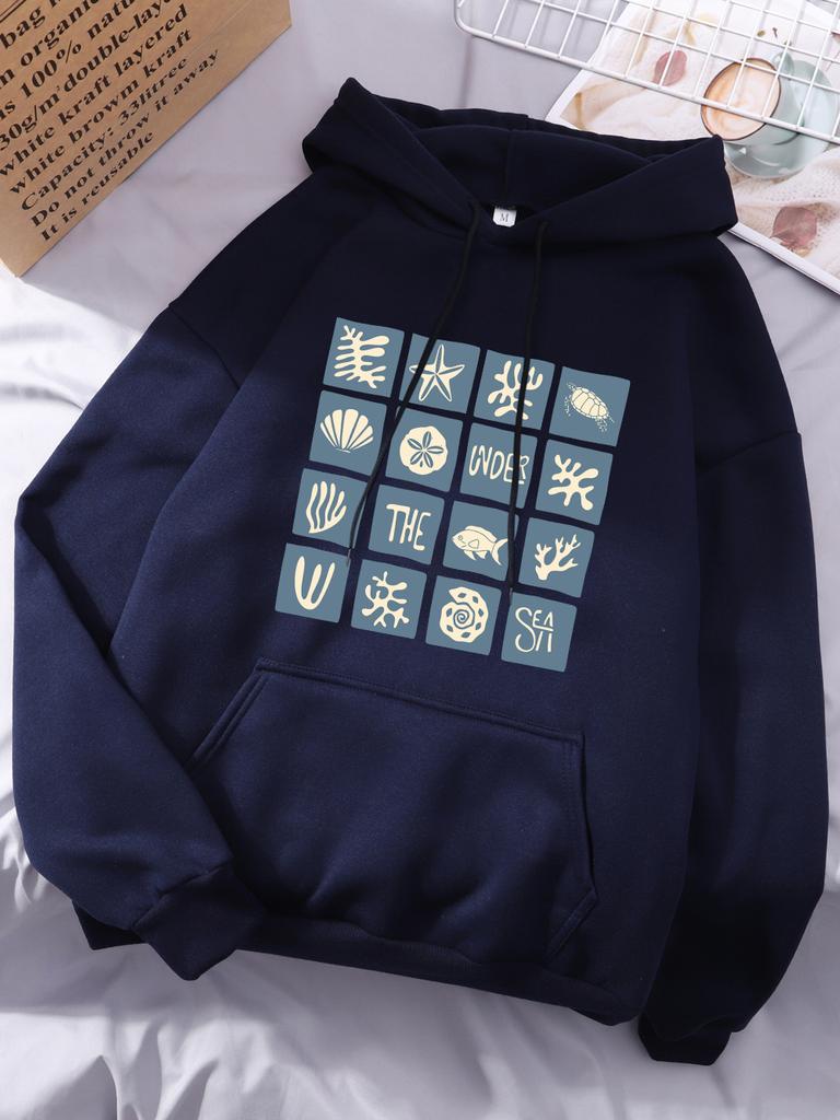 Under The Sea Printing Hoodie Womens Comfortable Loose Pullovers Basics Sporty Sweatshirts Winter Fleece Warm Woman Sportswear