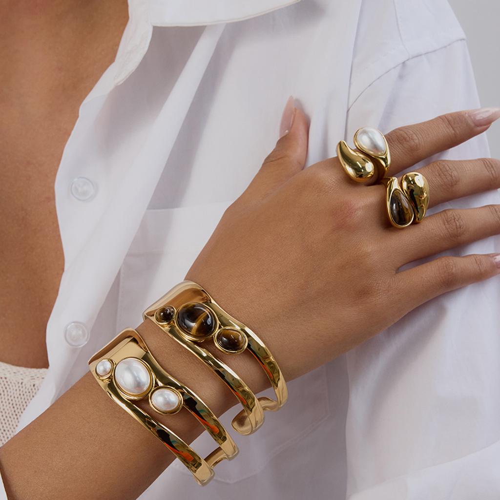 Youthway Natural Stone Geometric Skeleton Cuff Bracelet Stainless Steel Chic Wrist Jewelry Malachite Artificial Pearls Bracelet