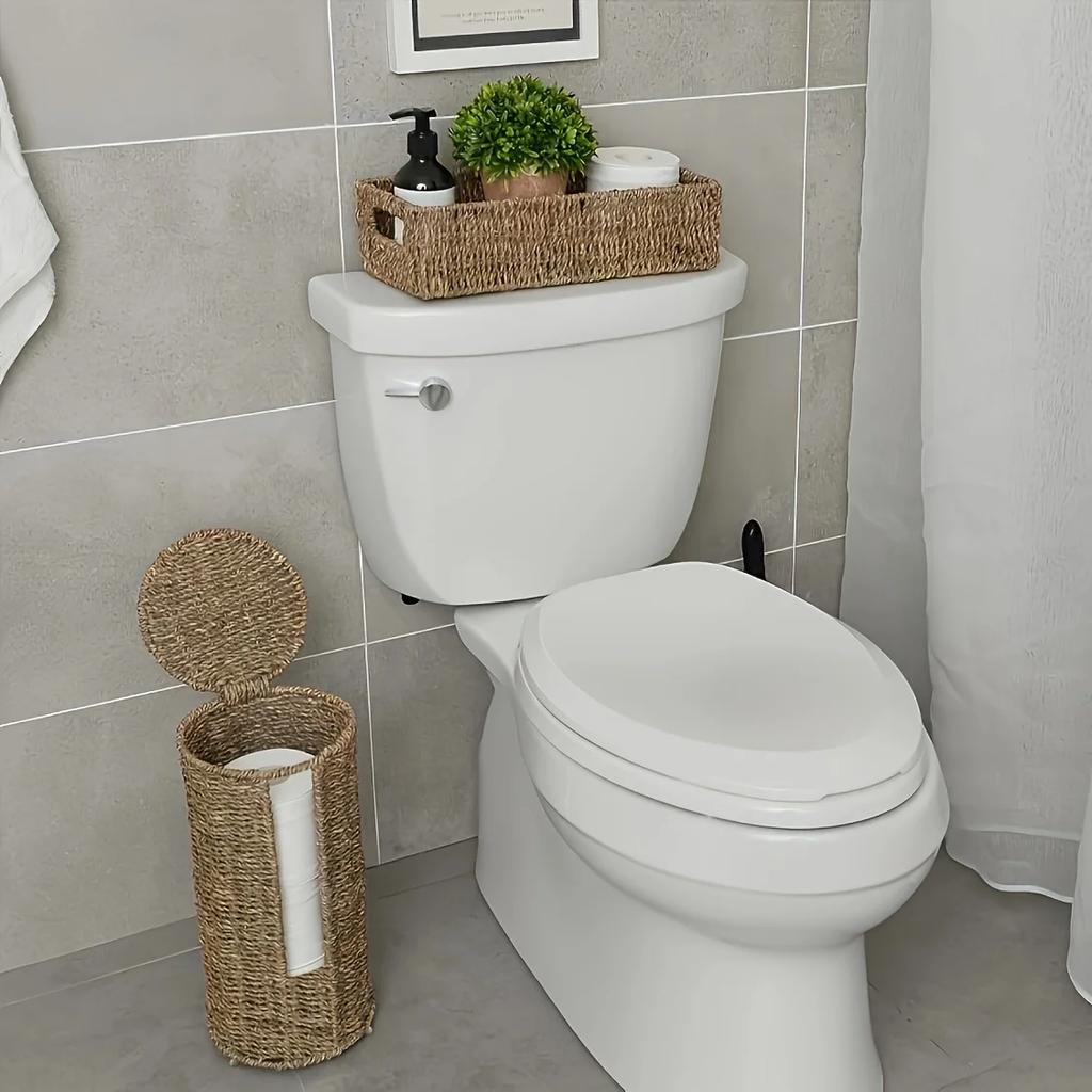 Rustykalny pleciony żelazny uchwyt na papier toaletowy - wolnostojący organizer na 3 rolki tkanki, naturalny wiklinowy, funkcjonalna dekoracja łazienkowa