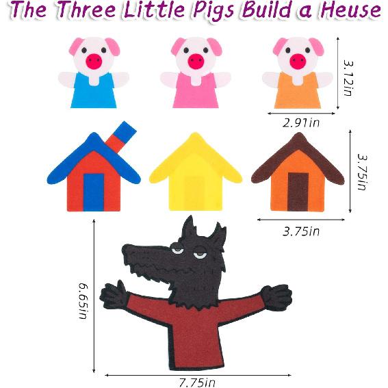 Three Little Pigs Finger Puppets for Kids, 7pcs Story Finger Puppets Toy, Interactive Teaching, Scenario Story Role Play, Bedtime Storytelling