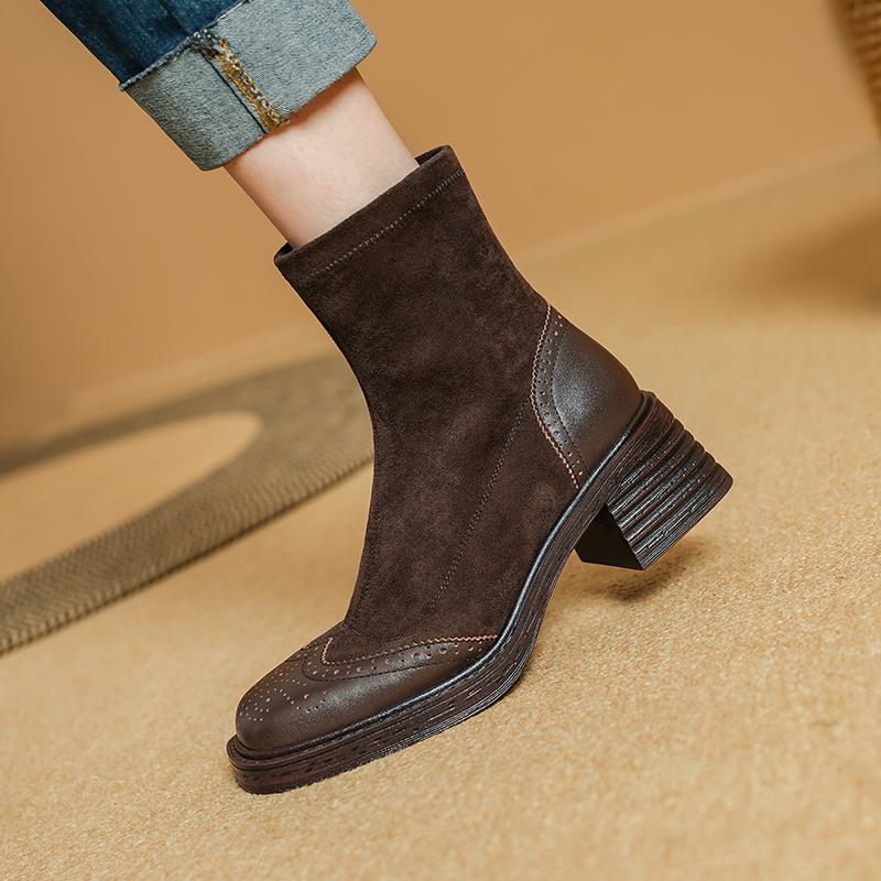 Fashion 2025 NEW Autumn Women Boots Stretch Fabric Shoes for Women Round Toe Chunky Heel Boots for Women Black Platform Boots Brown