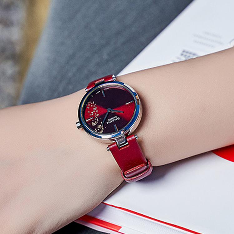 Casio Sheen Gold Foil Ultra-Thin Minimalist Quartz Watch Leather Strap Women watches Red SHE-C100L-4AUPFJD