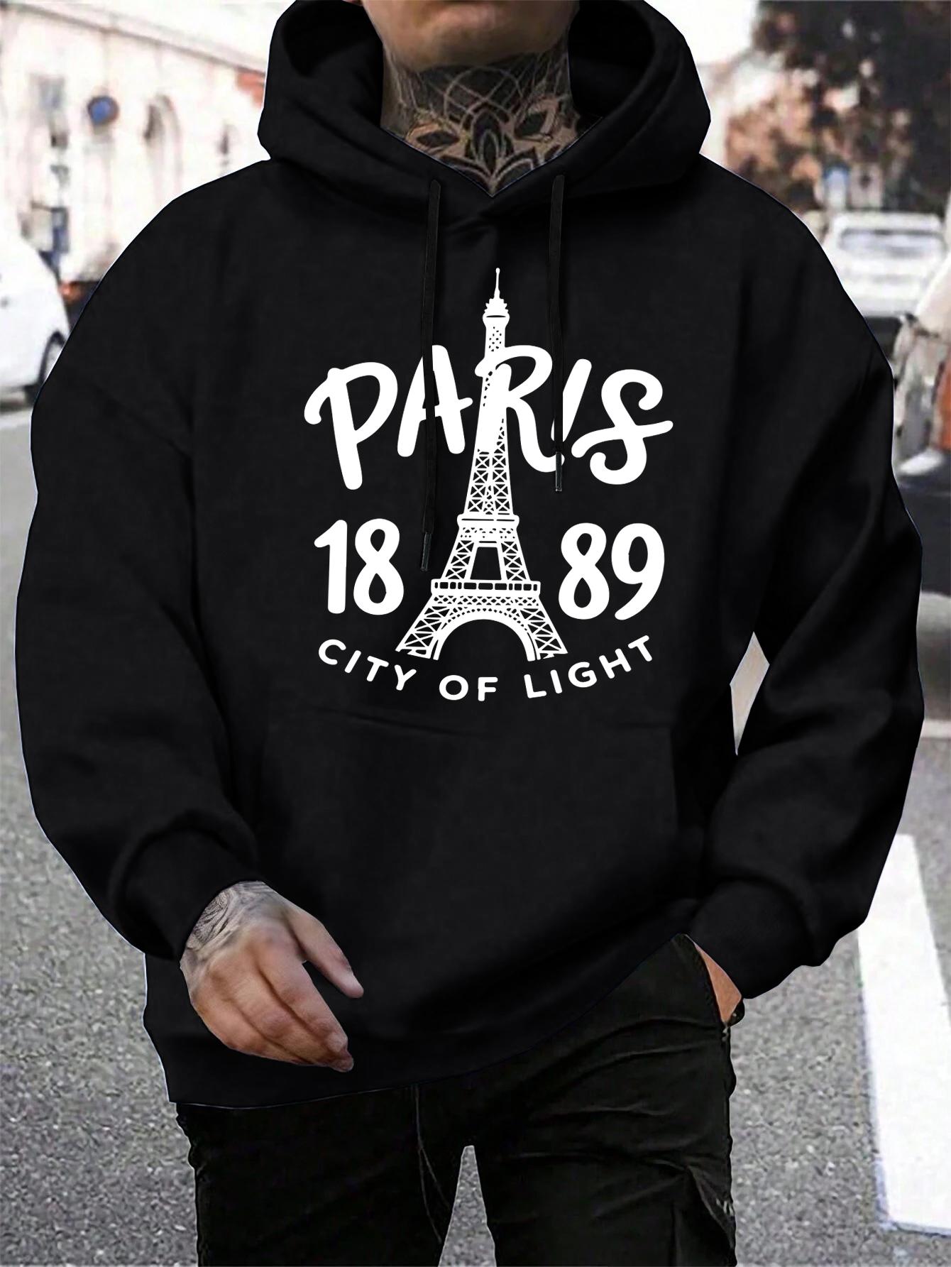 

Pairs City Of Light 1889 Printing Hoodies Male Autumn Casual Hoody Fleece All-Match Pullover Pocket Loose Mens Streetwear 3XL