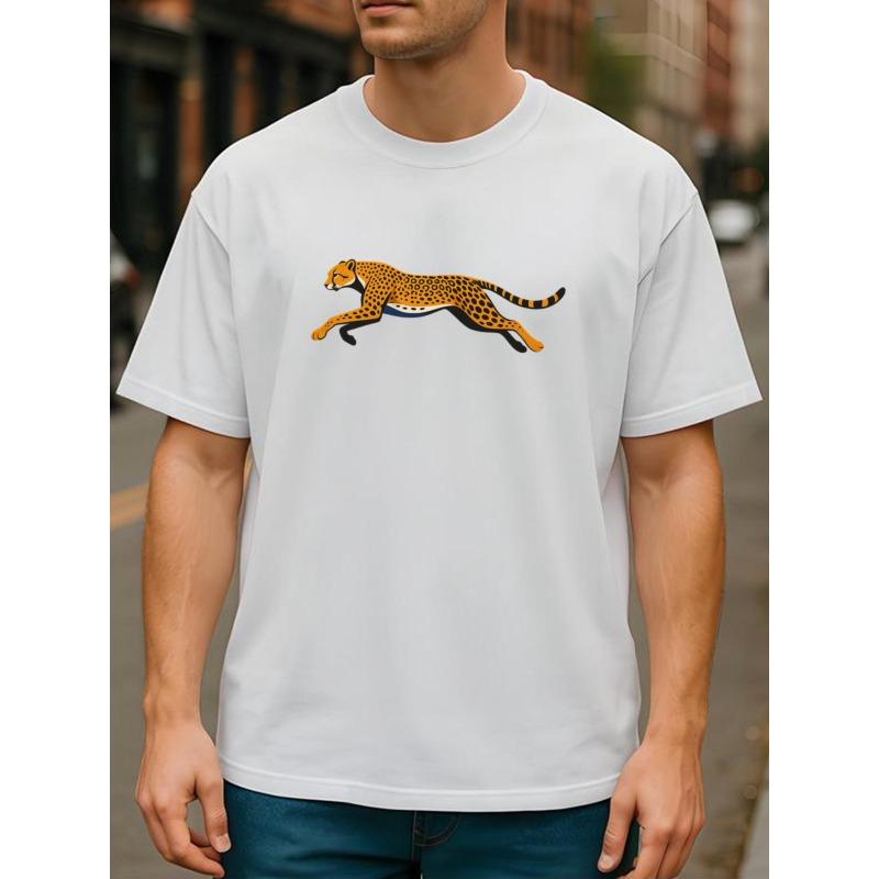 European Sizes Cheetah Print Men'S T-shirt | All-season Casual, Loose Fit, Crew Neck, Short Sleeve, Medium Stretch Fabric