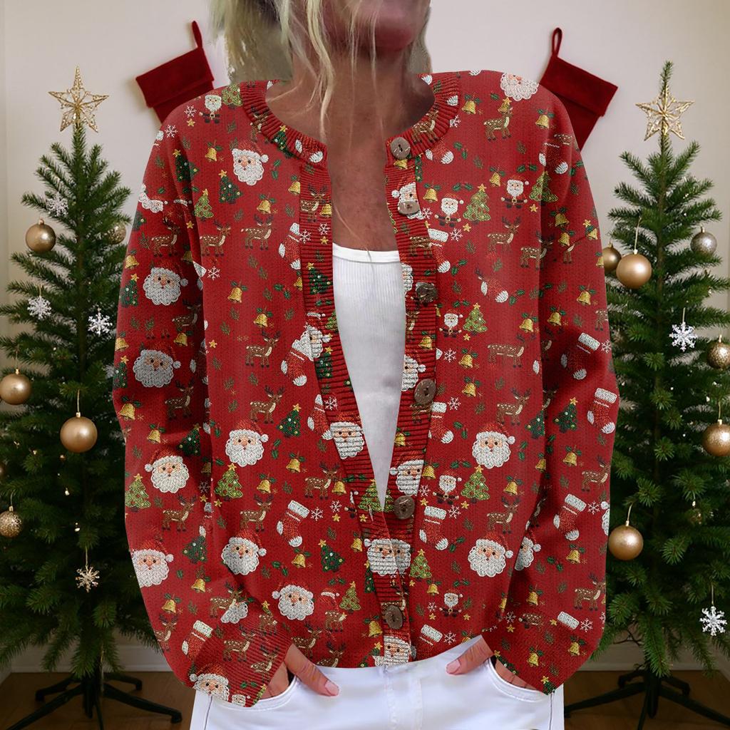 Dames Cardigan Langermet Lett Jakke med Morsomt Juleprint