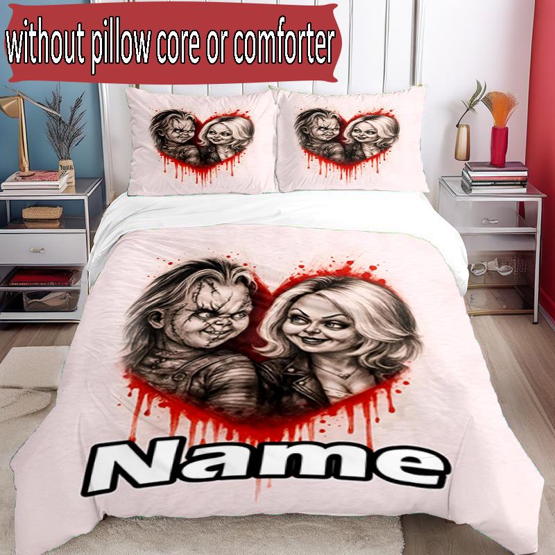 3-teiliges Bettbezug-Set (1 * Bettbezug + 2 * Kissenbezug, ohne Kern), Maßgeschneidertes Bettwäsche-Set mit Braut von Chucky-Muster, Dekoration für Schlafzimmer zu Hause, Geschenk