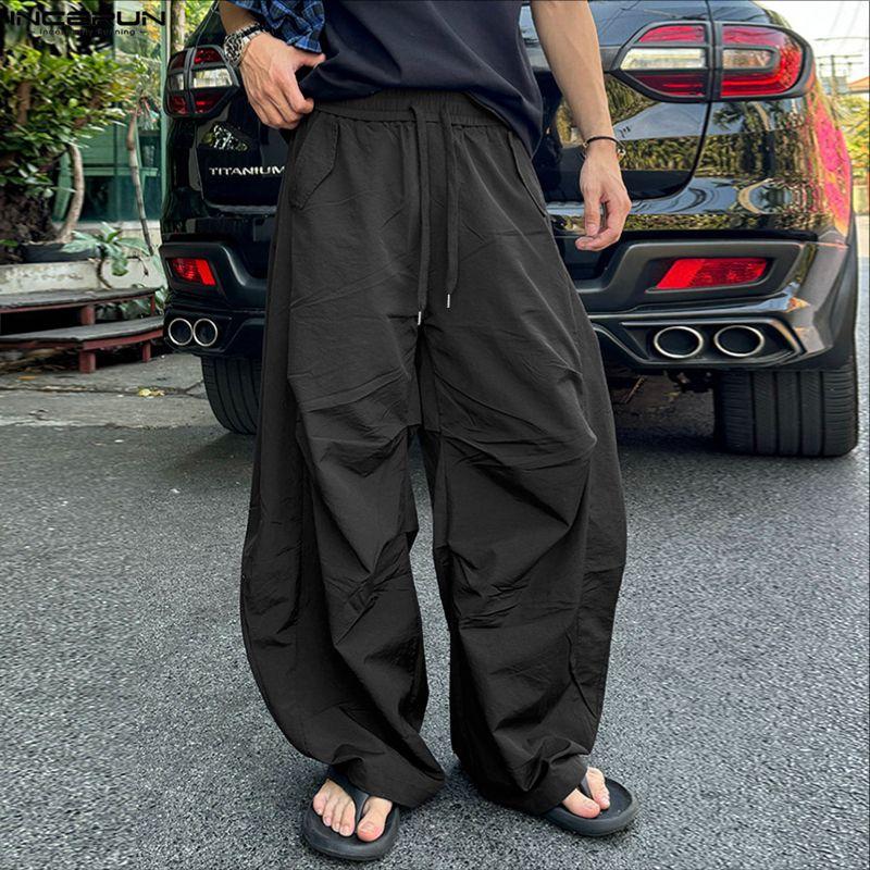 INCERUN Mens Baggy Trousers Streetwear Loose Casual Drawstring Hip Hop Joggers Wide Leg Pants